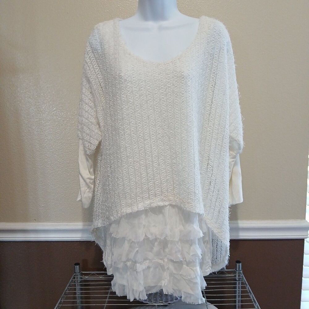 M Womens Italian Layered Top Ivory S Lace & Ruffle Design Silk Blend Y2K Style